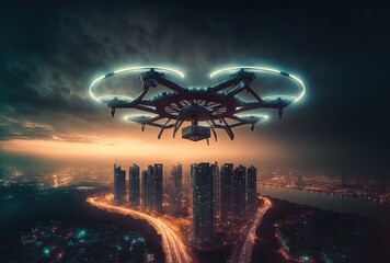illustration close up drone, take flight over urban city with sunlight shine from behind, cityscape as background	
