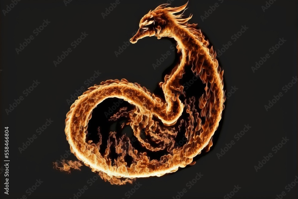Poster a fire breathing dragon on a black background with a black background and a white border around it, 