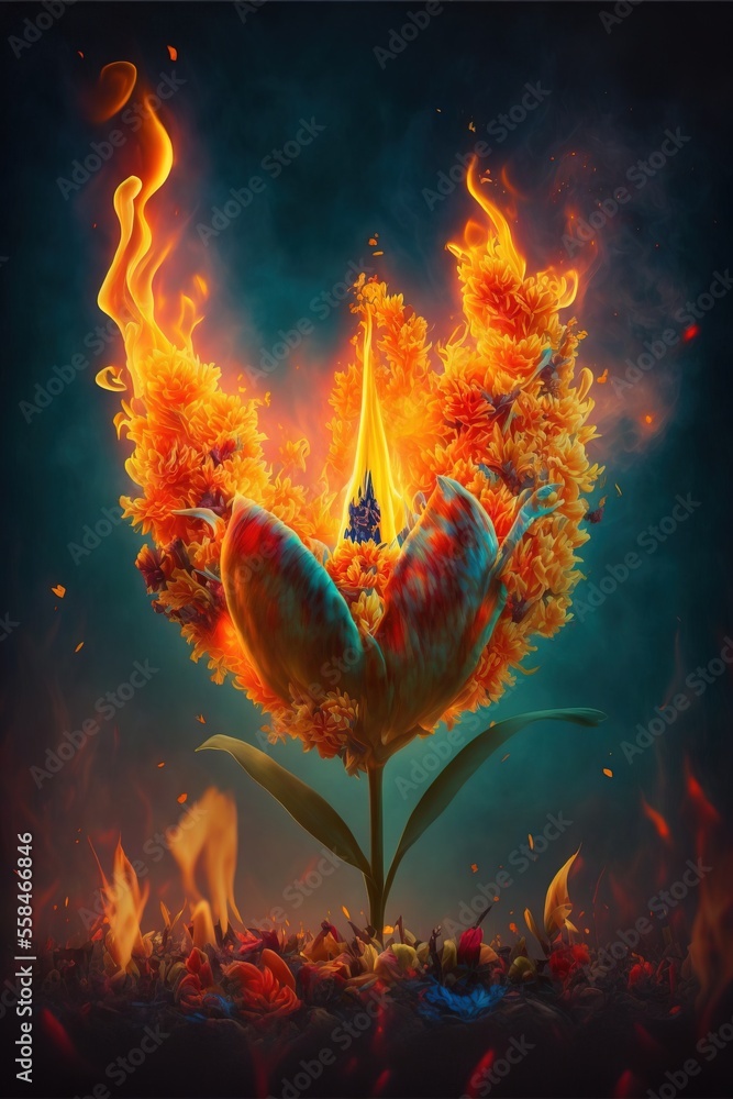 Poster a flower with a lot of fire in it's center and a blue sky in the background with clouds and a few cl
