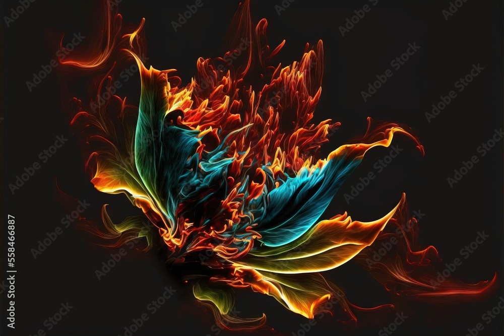 Poster a red and yellow flower with a black background and a black background with a black background and a