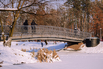 Passers-by cross a bridge over a frozen body of water. Winter, sunny day.