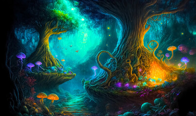 Fantasy enchanted fairy tale forest with magical Mushrooms, fairytale butterflies. Magic light. digital art
