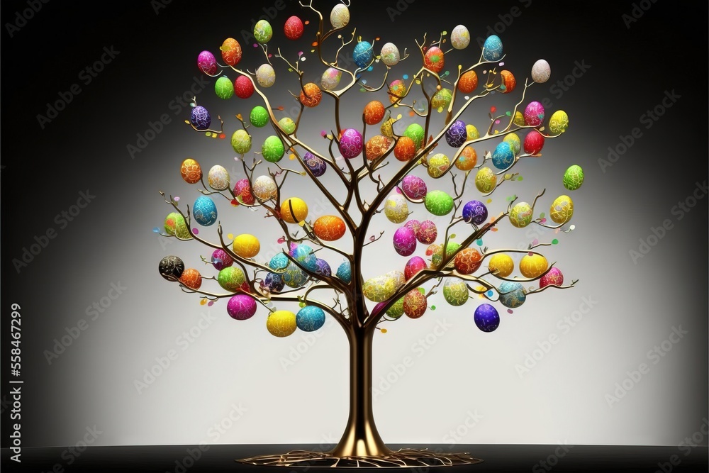 Poster a tree with a bunch of eggs on it's branches and a black background with a white light behind it and