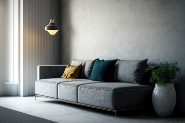 Design idea for a contemporary hotel room. Ergonomic couch with copy space against grey concrete wall in modern apartment. In a basic living room with a sofa and cushions. Generative AI