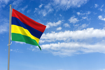 Republic of Mauritius Flag Over Blue Sky Background. 3D Illustration