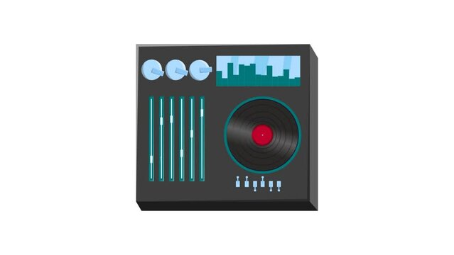 Retro audio music dj console for parties with vinyl record old vintage hipster for geeks from 70s, 80s, 90s isolated on white background. Video in high quality 4k, motion design