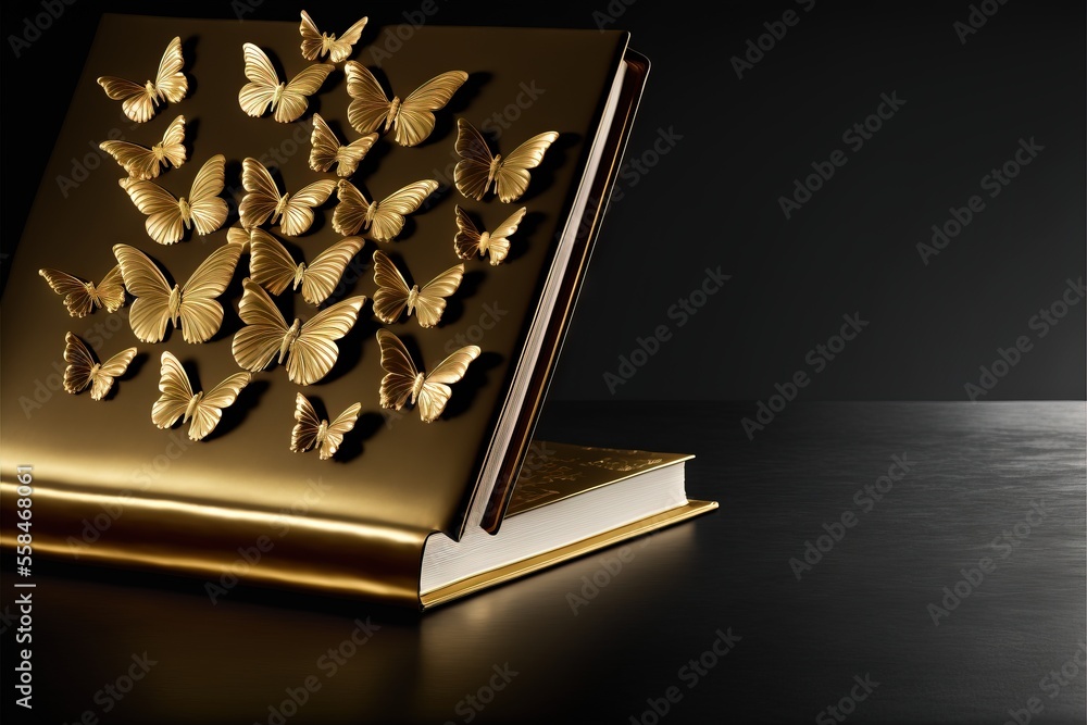 Poster a book with a bunch of gold butterflies on it sitting on a black table next to a black wall and a bl