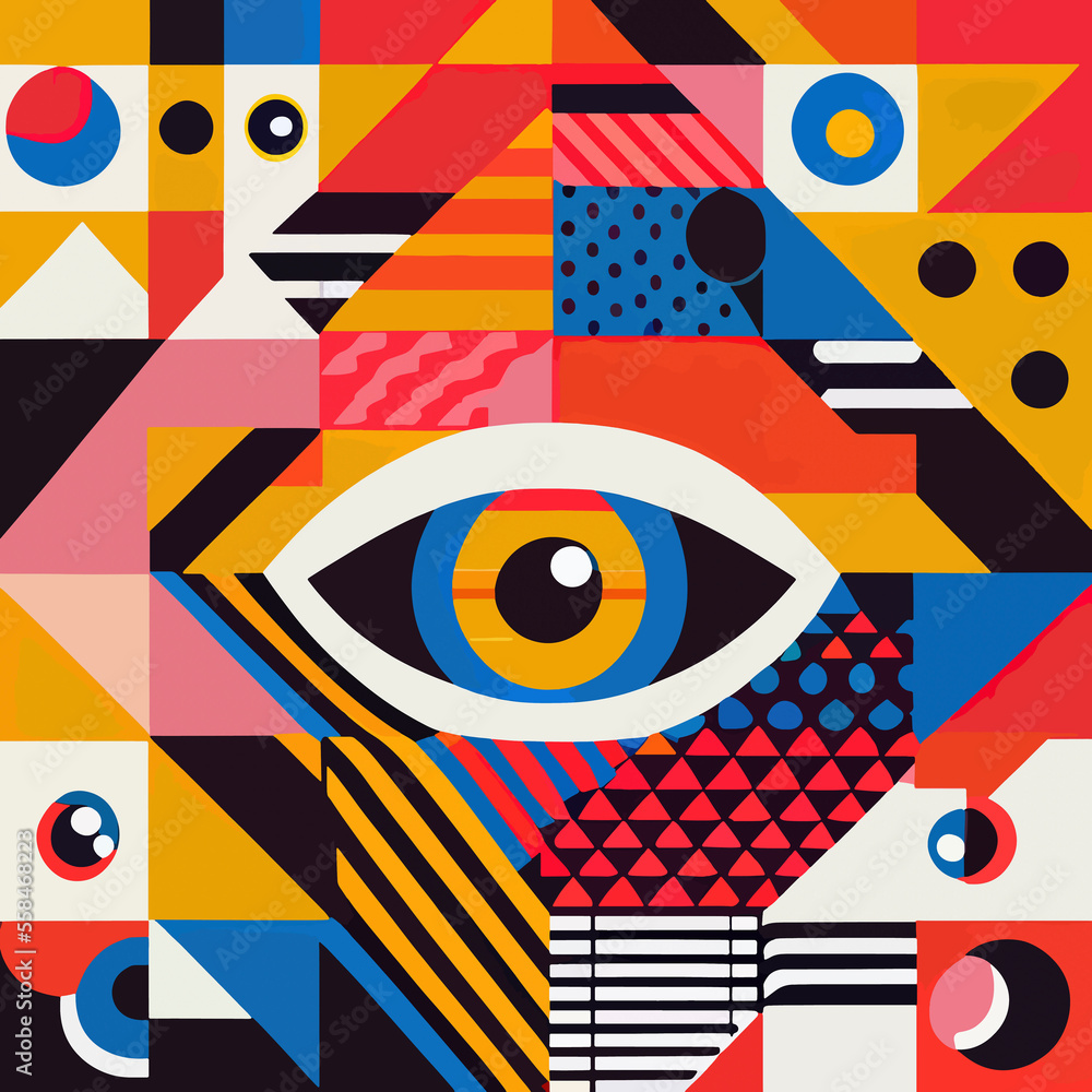 Wall mural eye is shown in the middle of a colorful pattern