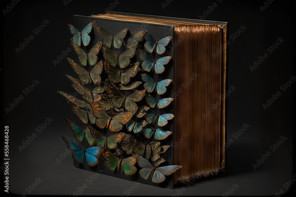 Poster a book with a bunch of butterflies on the front of it and a book with a bunch of butterflies on the 