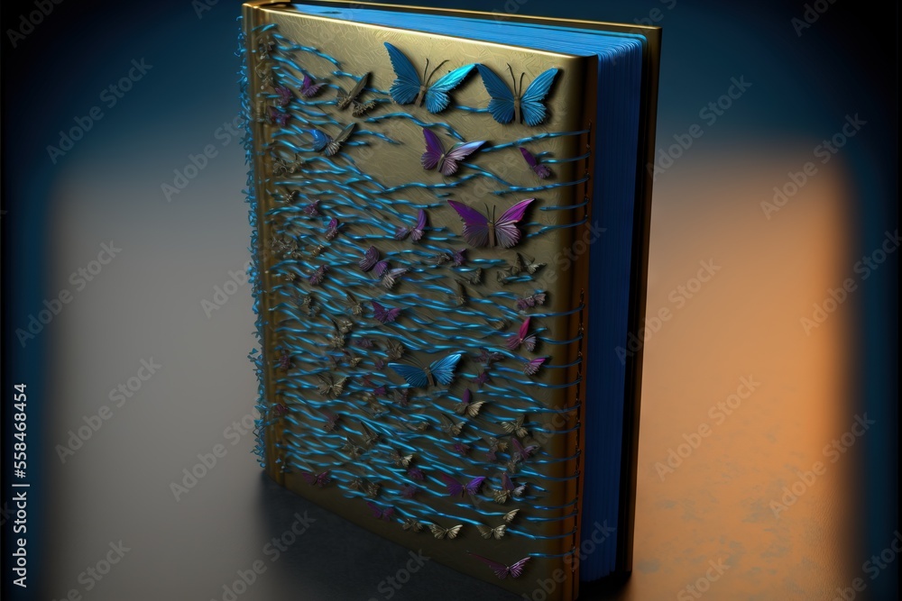 Poster a blue book with a bunch of butterflies on the front of the book is on a dark surface with a shadow 