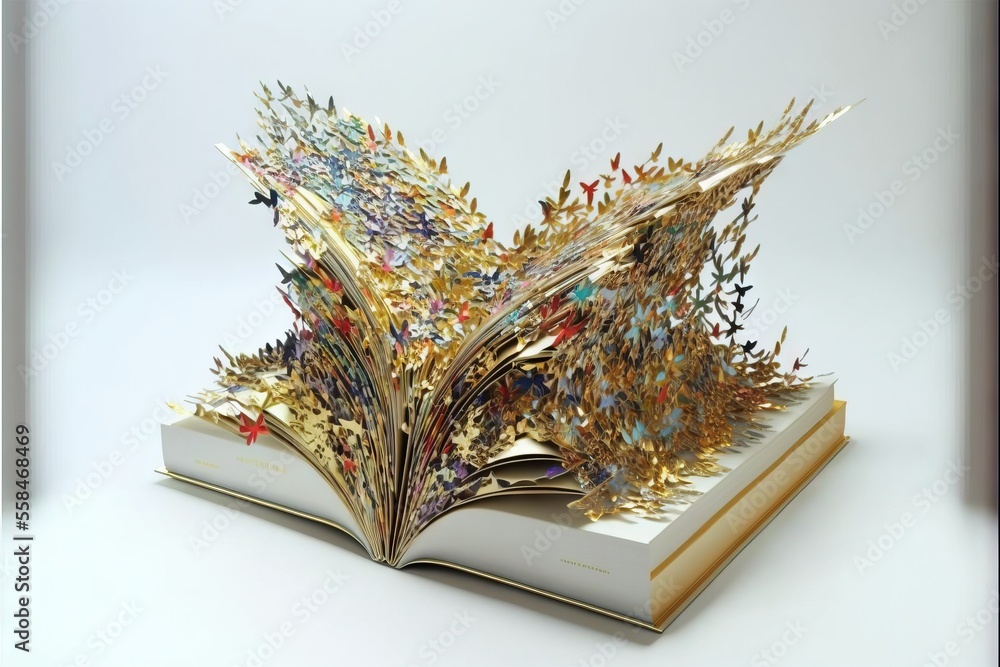 Poster an open book with a bunch of butterflies on it's cover and a bookmark in the shape of a star on top 
