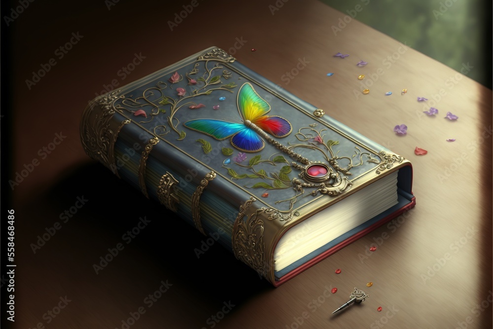 Aufkleber a book with a butterfly on it sitting on a table next to a key and confetti on the table top of the 