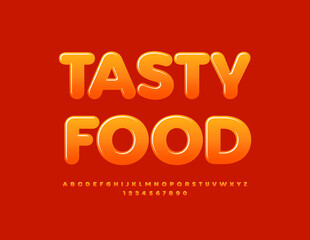 Vector bright emblem Tasty Food. Modern Glossy Font. Creative Alphabet Letters and Numbers set