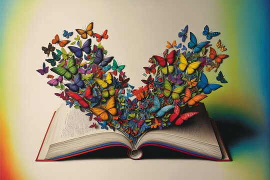  An Open Book With Butterflies Coming Out Of It's Pages, On A Multicolored Background, With A Rainbow - Hued Background Of A Rainbow - Hued Rainbow - Hued Sky. Generative AI