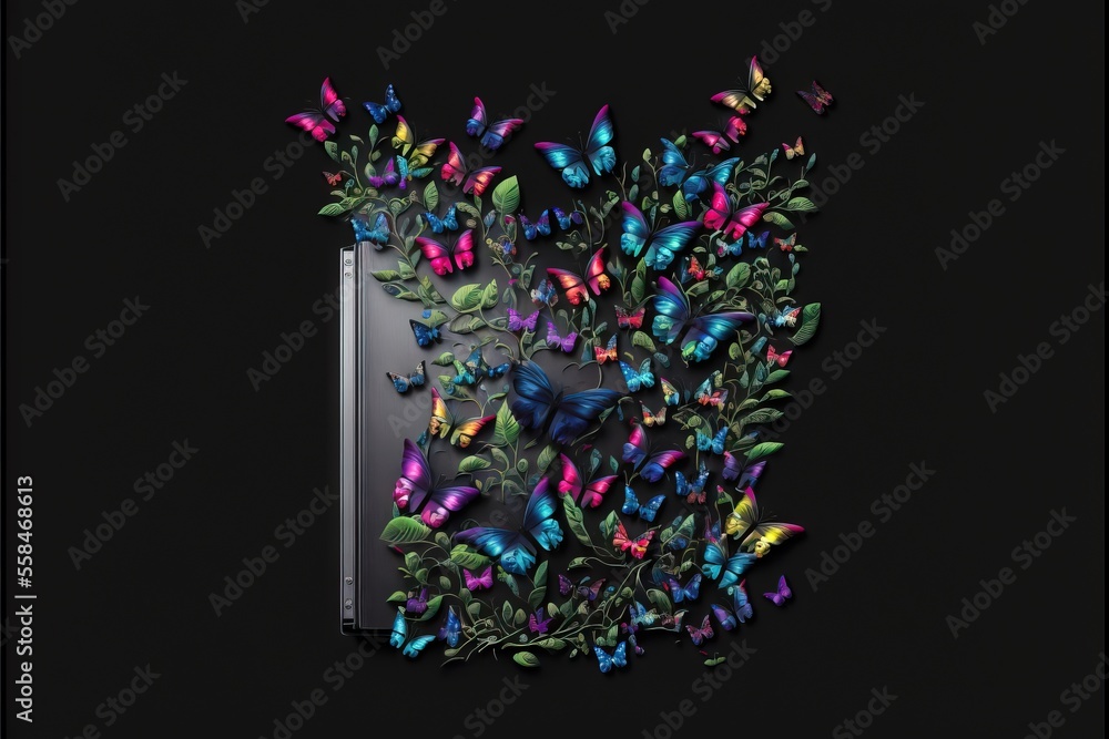 Poster a group of colorful butterflies on a black background with a laptop in the middle of the image and a