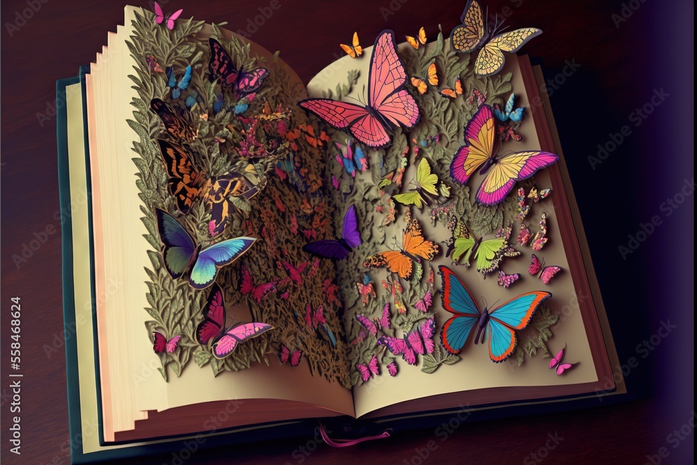 Poster an open book with a bunch of colorful butterflies on the pages of the book, on a wooden table, with 