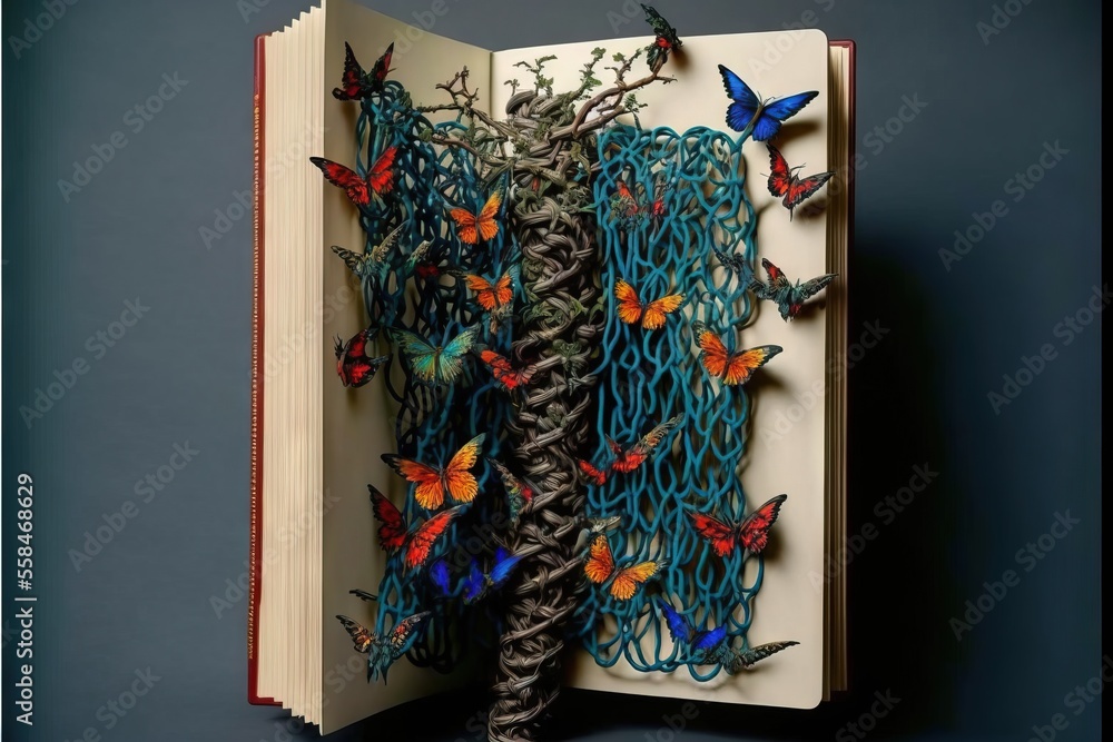 Poster a book with a bunch of butterflies on the pages of it and a string of string wrapped around it with 