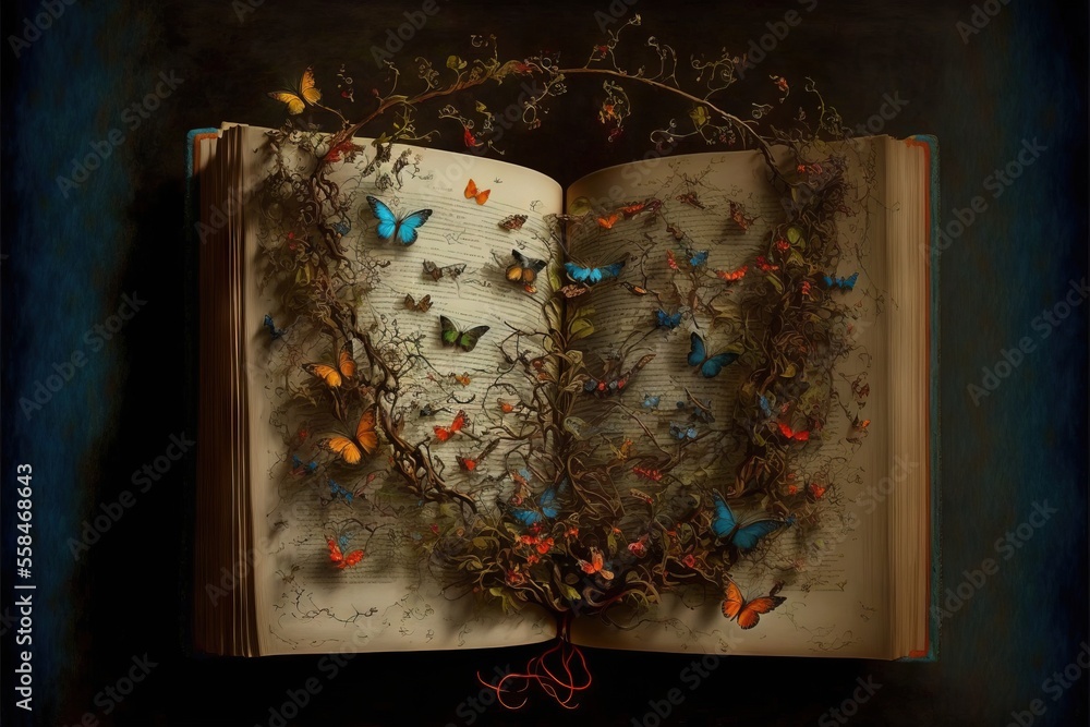 Poster an open book with a bunch of butterflies on it and a string of wire attached to the book's pages and