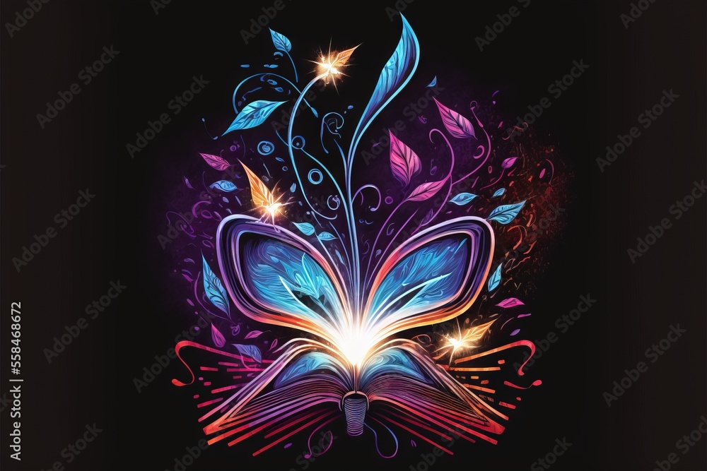 Poster an open book with a butterfly on top of it and a flower on the bottom of the book, and a star in the