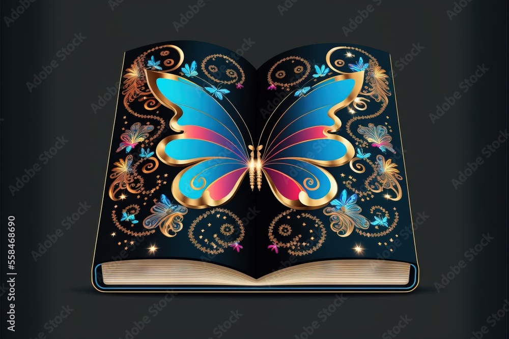 Aufkleber an open book with a butterfly on top of it and a bookmark in the shape of a butterfly on top of it, 