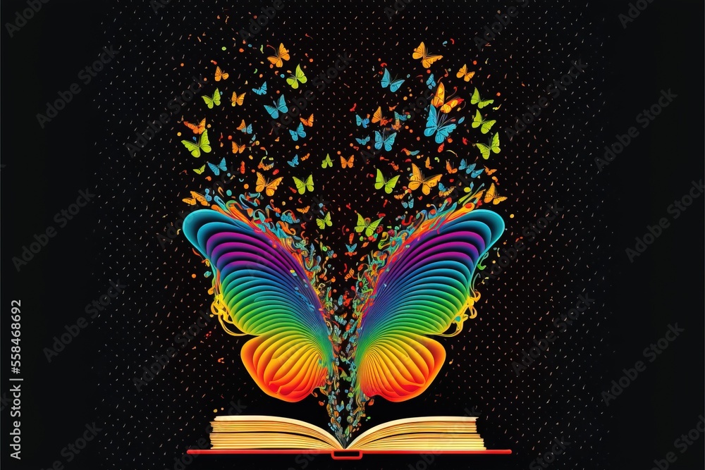 Poster an open book with colorful butterflies coming out of it on a black background with a black dotted ba
