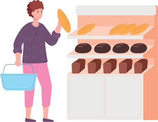 Woman choosing bread in grocery store from wooden shelves