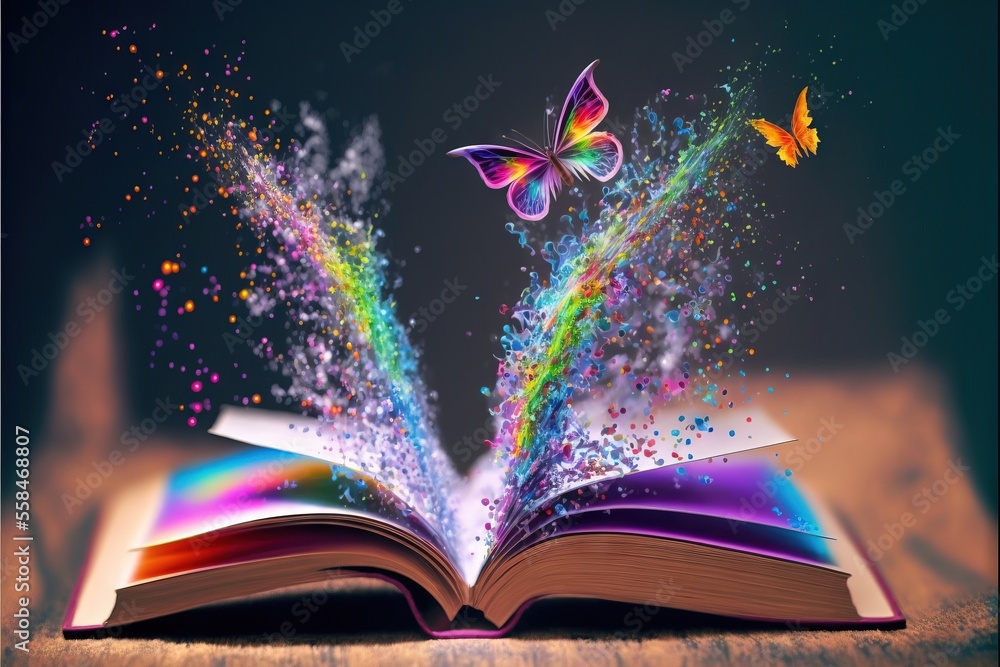 Aufkleber an open book with a colorful bookmark flying out of the pages and a butterfly flying out of the book