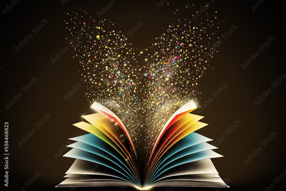 Poster an open book with colorful pages and sparkles flying out of it, set against a dark background