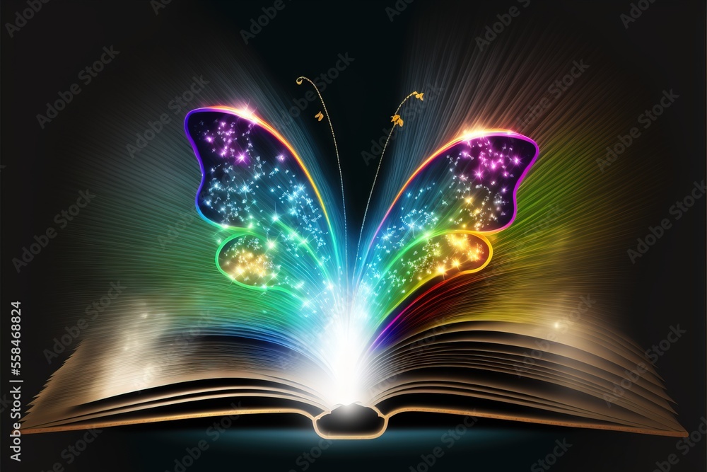 Aufkleber an open book with a butterfly on top of it and a light coming out of the book's book ends in the sha