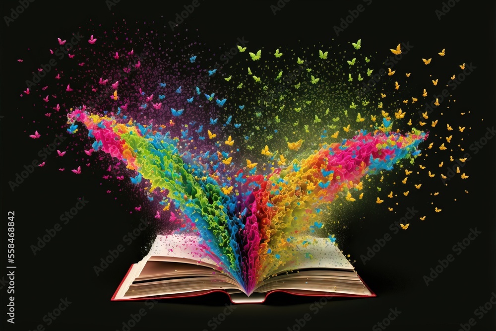 Poster an open book with colorful butterflies coming out of it and a black background with a black backgrou