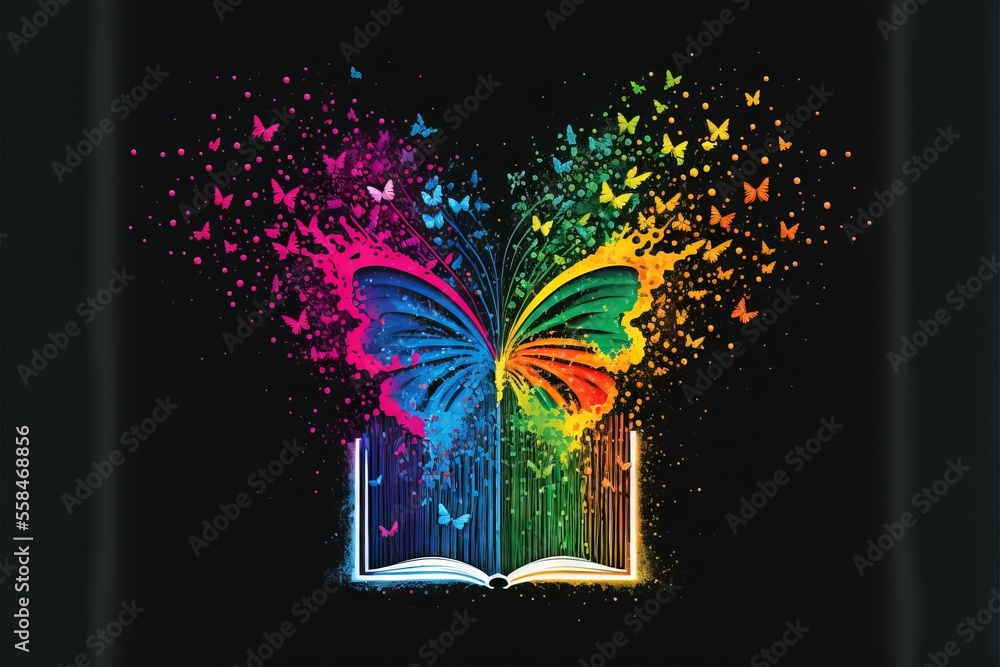 Poster an open book with a colorful butterfly on it's cover and a rainbow light coming out of the book's pa