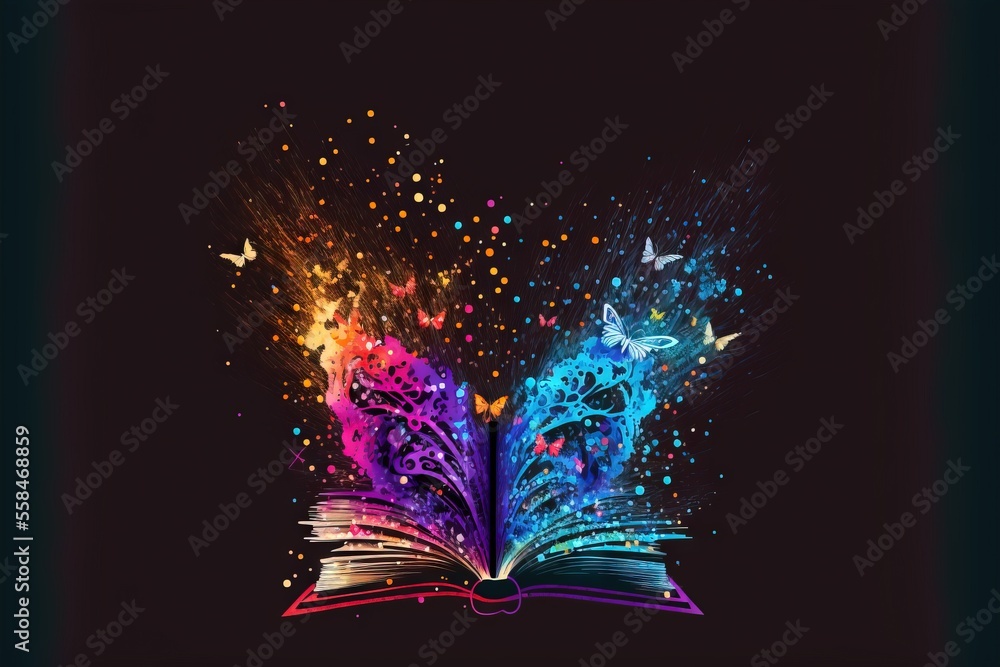 Poster an open book with colorful pages and a butterfly flying out of the book's pages on a black backgroun