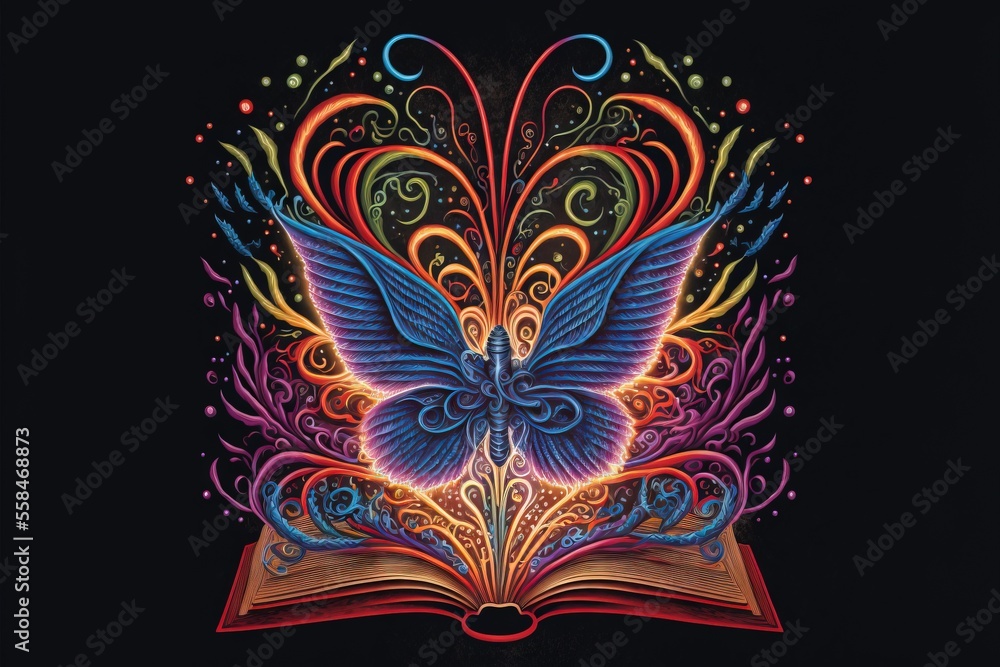 Poster an open book with a butterfly painted on it against a dark background the butterfly is vibrant and c