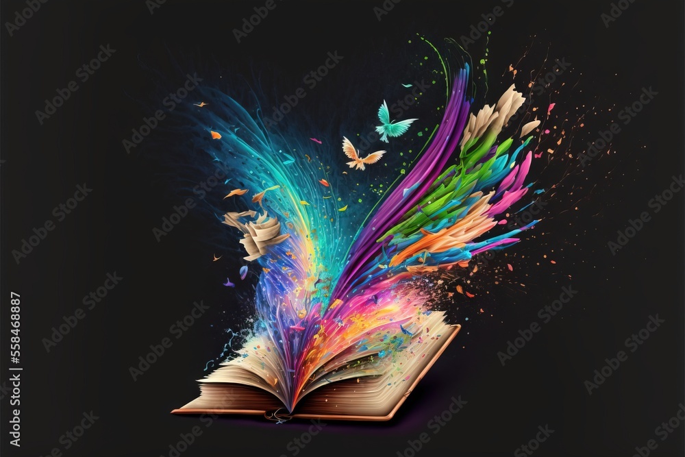 Aufkleber an open book with colorful paint splatters coming out of the book's pages on a black background with