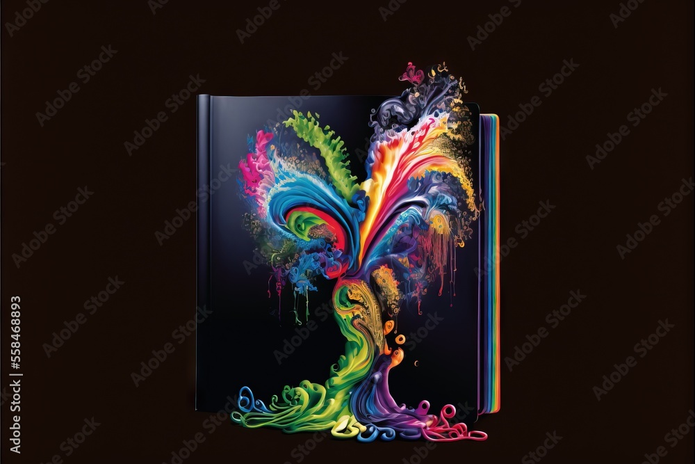 Poster a book with a colorful design on the cover of the book is opened to reveal the book's cover and the 