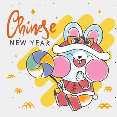 Chinese new year, cute rabbit smiling, greeting card on white background