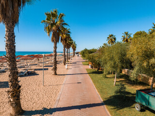Obraz premium Luxury tropical hotel resort. Outdoor tourism landscape. Luxurious beach resort with swimming pool and beach chairs and palm trees. Summer island relax travel and idyllic vacation