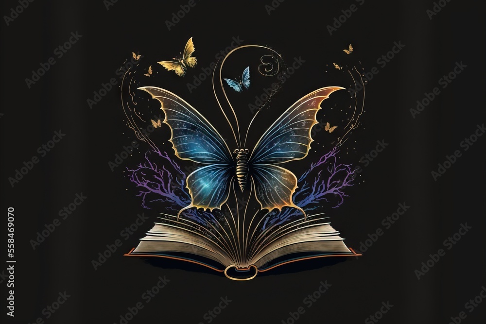 Aufkleber an open book with a butterfly on it and a bookmark in the shape of a butterfly on top of the book, w