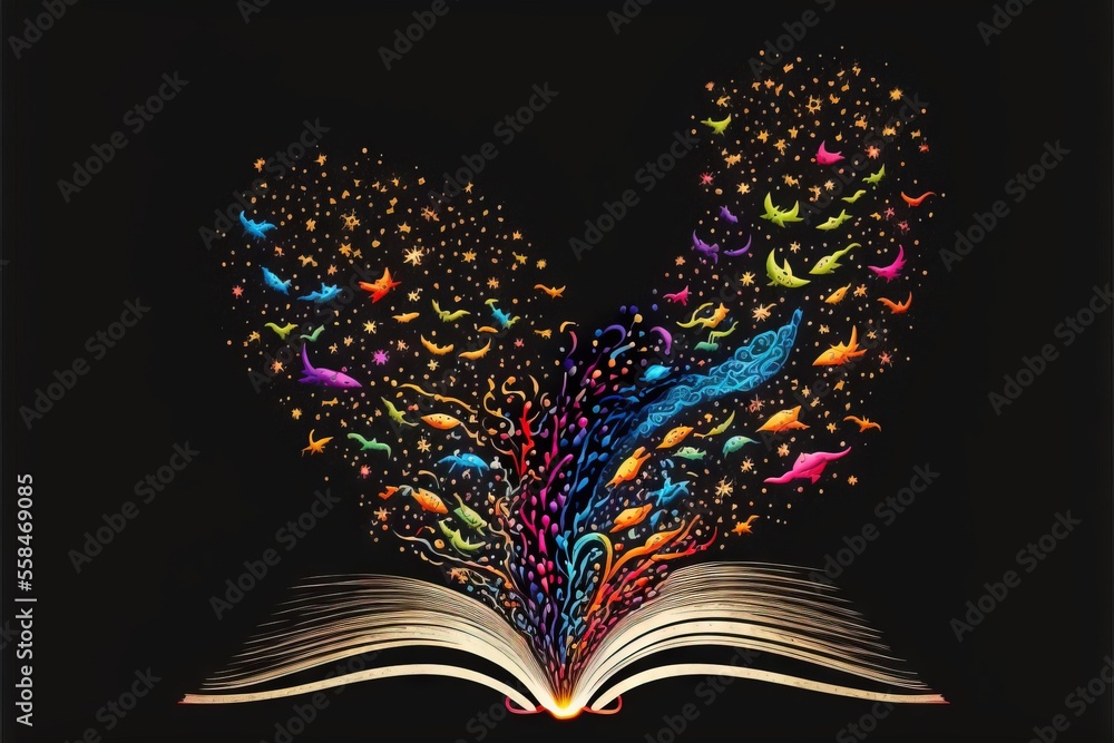 Poster an open book with colorful birds flying out of it on a black background with a black background and 