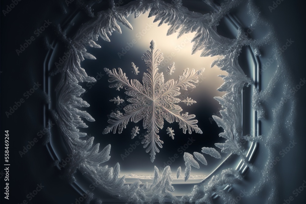 Poster a picture of a snowflake in a glass bowl with a black background and a white snowflake in the center