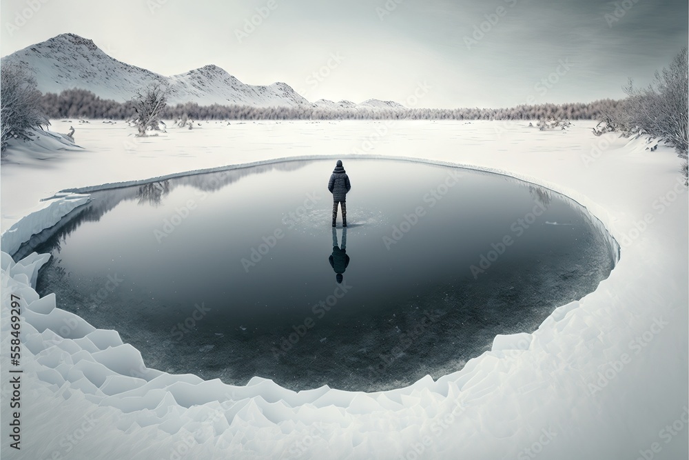 Poster a person standing on a frozen lake surrounded by snow covered mountains in the distance with a perso
