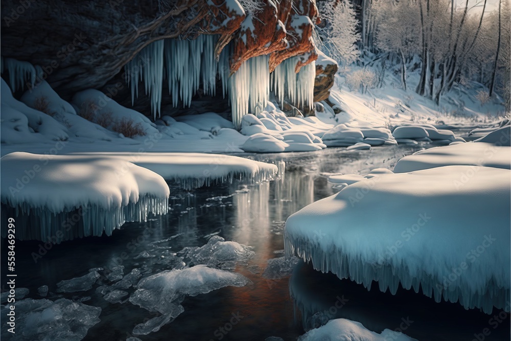 Poster a frozen stream in a snowy forest with ice hanging off of it's sides and a frozen tree in the middle