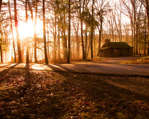 morning cabin on the lake in the woods