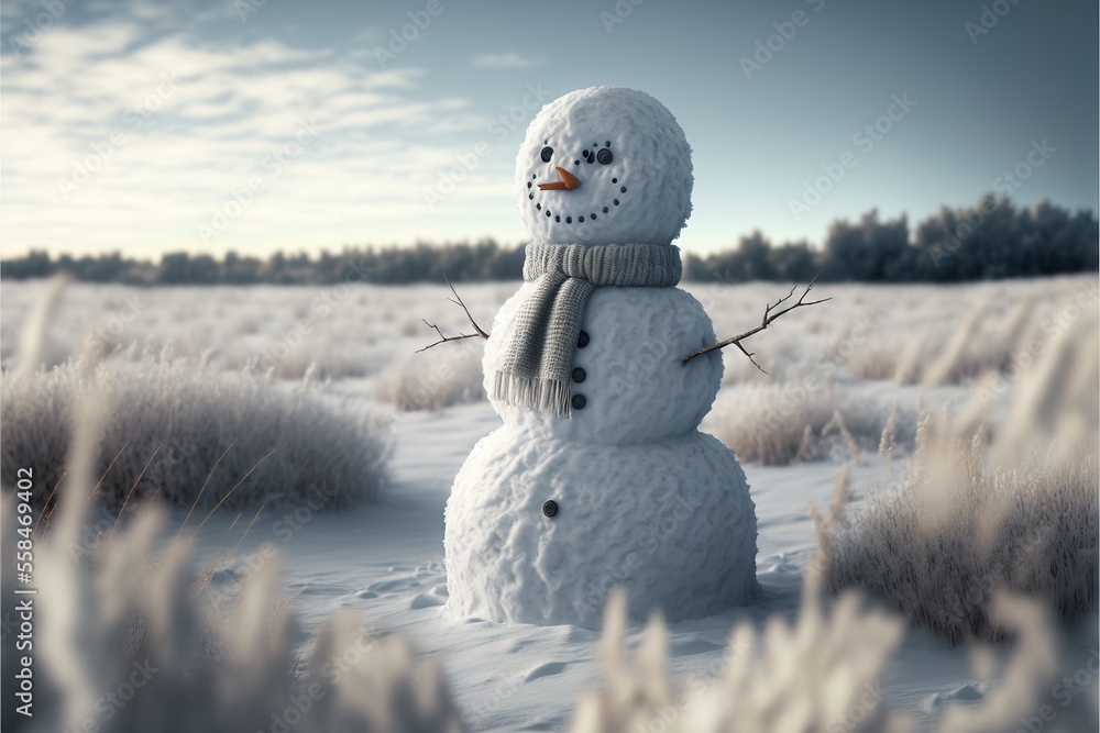 Poster a snowman is standing in the middle of a field of grass and grass with trees in the background and a