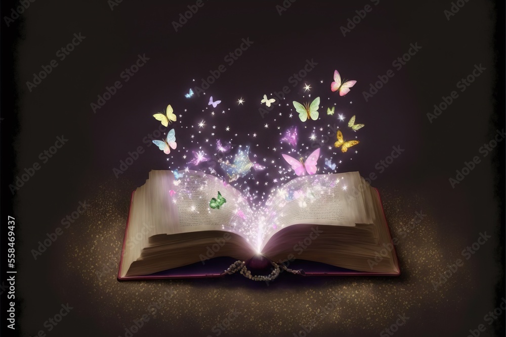 Poster an open book with butterflies flying out of it on a dark background with a chain hanging from the bo