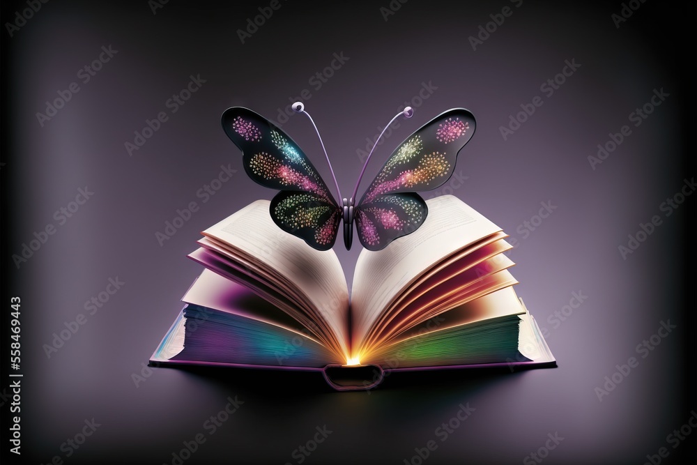 Poster a book with a butterfly on top of it and a book open to the pages, with a bookmark in the shape of a