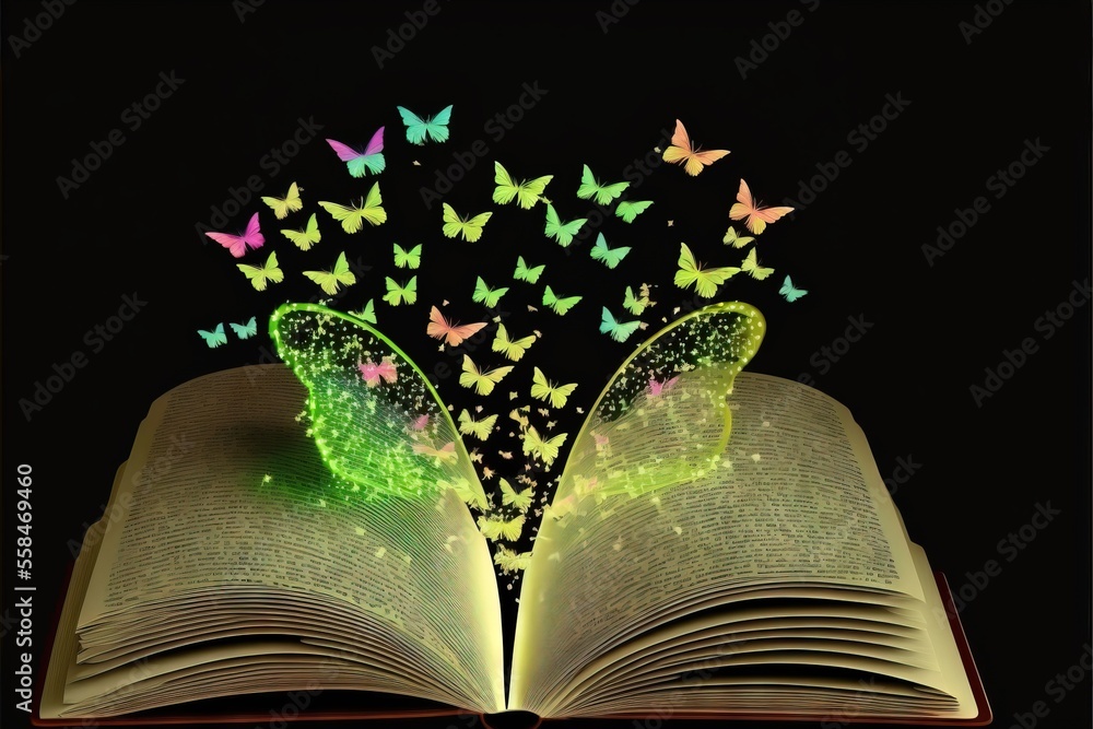 Poster an open book with butterflies flying out of it on a black background with a black background and a b
