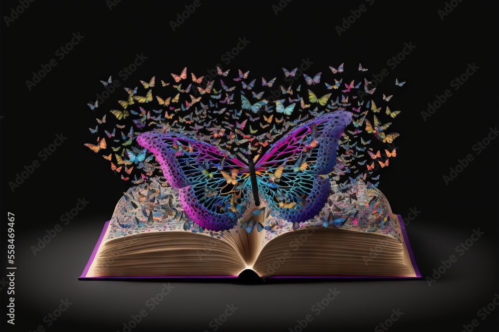 Poster an open book with butterflies flying out of the pages on a black background with a black background 