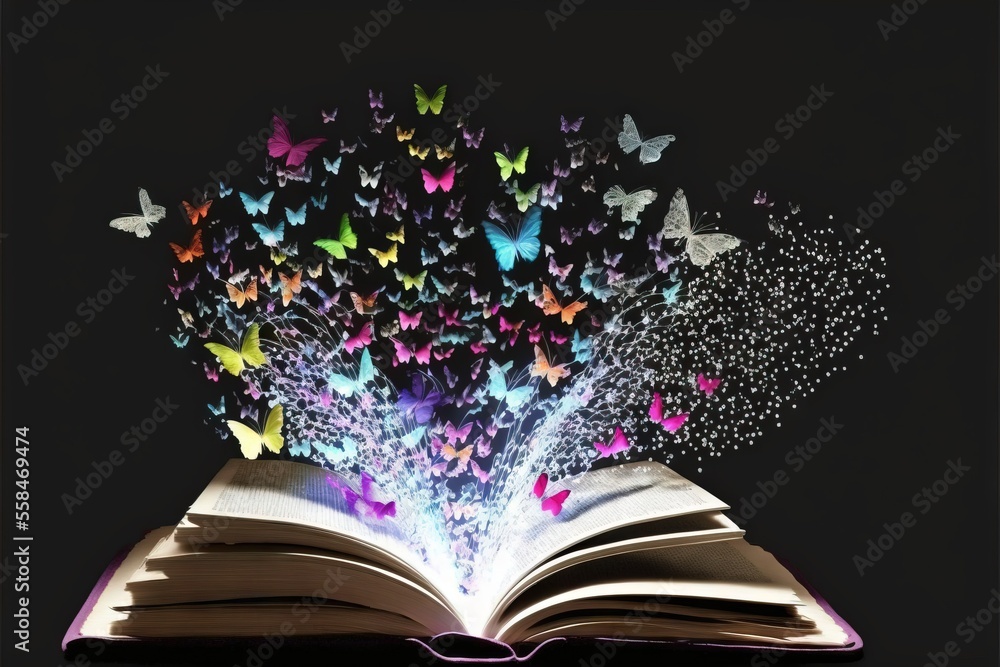 Poster an open book with a bunch of butterflies flying out of the book's pages on a black background with a