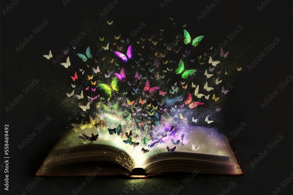 Poster an open book with a bunch of butterflies flying out of the book's pages on a black background with a